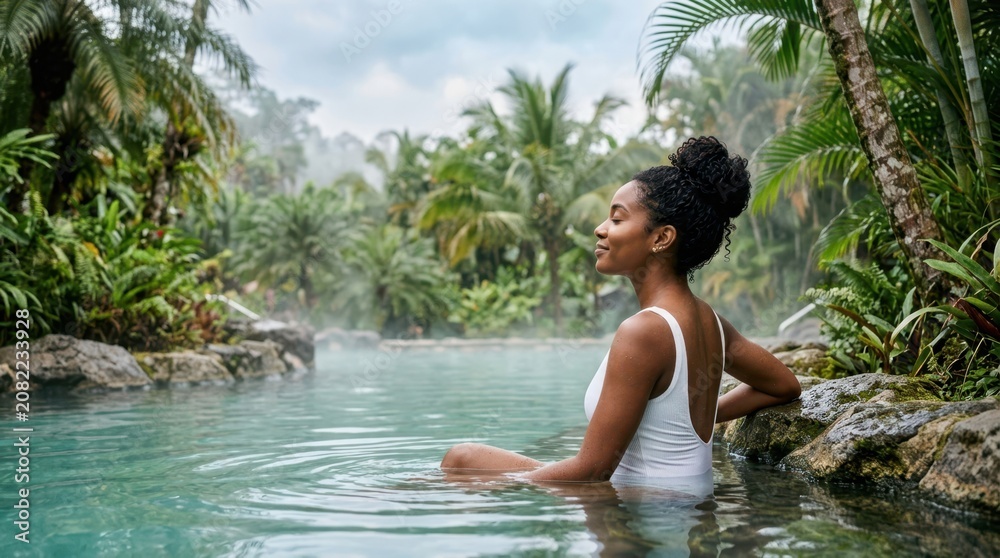 Fototapeta premium Woman relaxing in a steamy tropical hot spring surrounded by lush green jungle foliage