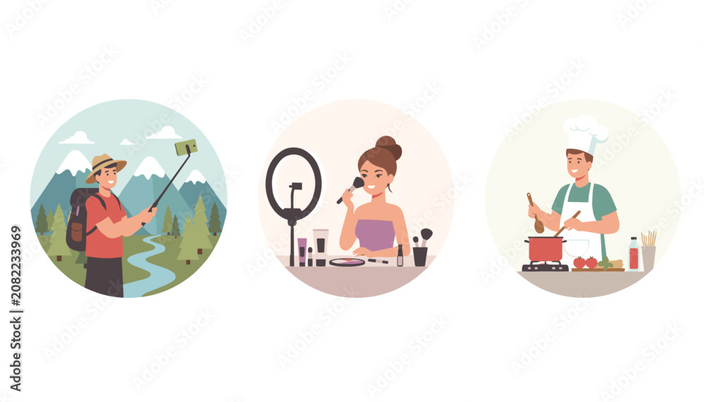 Fototapeta premium Content creators showcase their diverse hobbies including outdoor hiking, makeup tutorials, and culinary cooking.