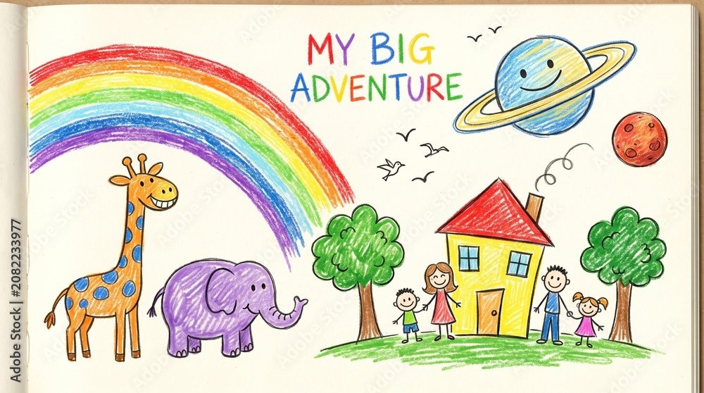 Fototapeta premium Child doodle drawing. Kids hand drawn illustration. Cute colorful kid crayon painting, pencil animals, chalk rainbow, house, planets. Funny kindergarten prints. Vector ...