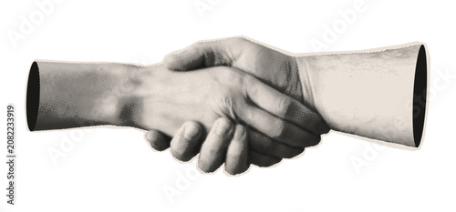 Collage handshake. Halftone style woman's and man's hands gestures. Trendy vintage pop art elements of greeting, agreement