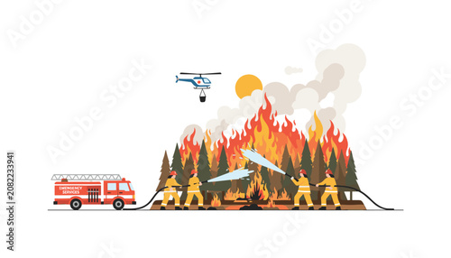 Brave team of firefighters spray water to control a massive forest wildfire while a helicopter dumps water from above.