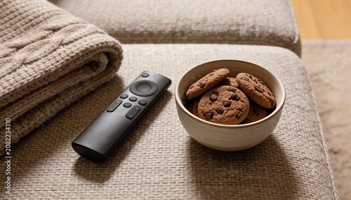Cozy Home Evening Flat Lay on Couch with TV Remote Blanket and Snacks