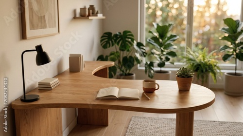 Modern wellness coach home office interior design featuring a minimalist wooden desk and natural indoor plants