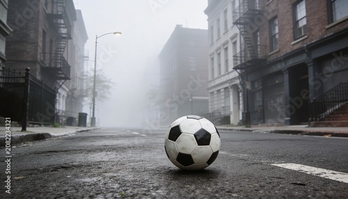Soccer Ball on Empty Foggy Street at Dawn