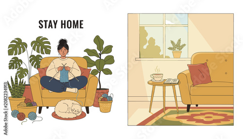 Cozy home environment encouragement banner showing a girl knitting in an armchair next to a sleeping cat.