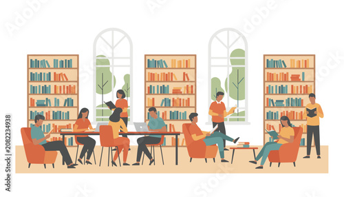 Modern public library interior with diverse students and readers studying, reading, and using laptops.
