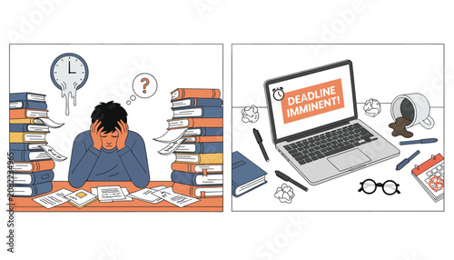 Business deadline imminent concept showing a stressed worker and a messy desk with spilled coffee.