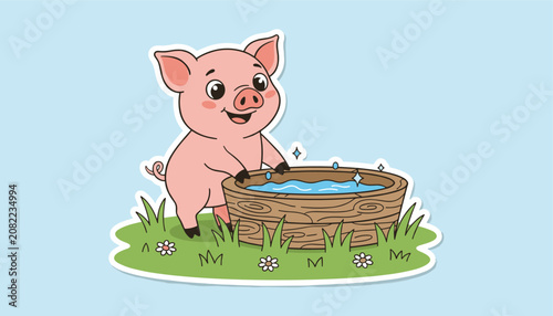 Cute cartoon pink pig standing next to a wooden washing tub filled with clean water on a green meadow.