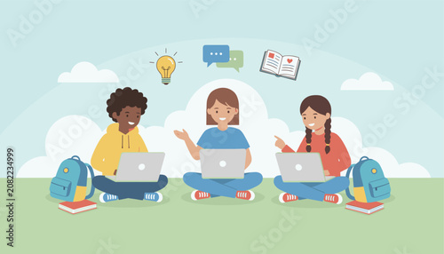 Diverse students sitting on a green field using laptops for school communication and creative ideas.