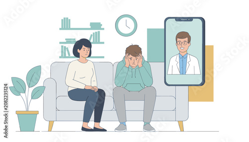 Sad man sitting on sofa receiving online psychological counseling from professional doctor on smartphone screen.