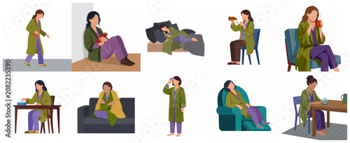 Fotografie Vector illustration set of women suffering from flu symptoms, fever, and illness, showing self-care activities like taking medicine, resting, and checking temperature at home