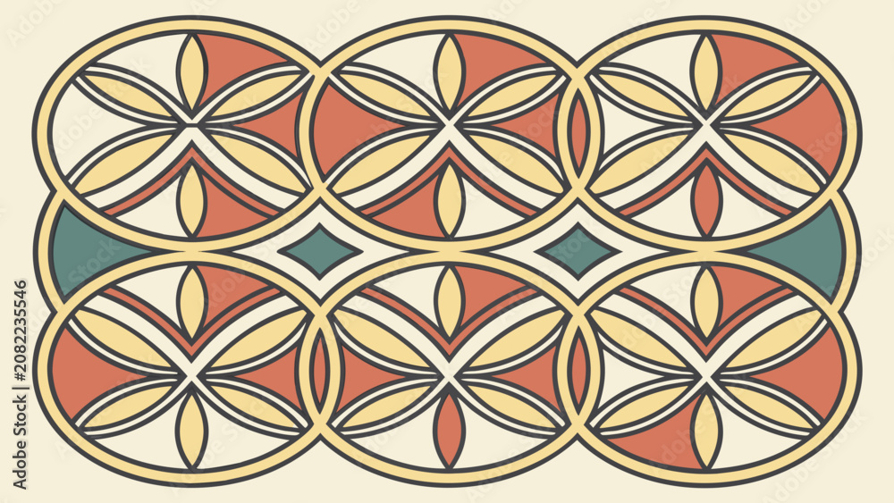 Fototapeta premium Seamless pattern featuring repeating interconnected oval and leaf shapes seamless geometric interconnected repeating background symmetrical decorative abstract backdrop wallpaper ornamental