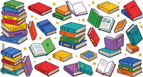 Tableau sur toile Colorful cartoon book set with open textbooks stacks of literature novels and st