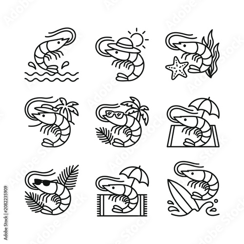 Cute Shrimp Summer Vacation Icons Set: Beach, Surfing, Sunbathing