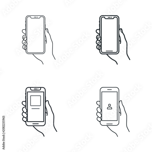 Hand Holding Smartphone Icons: Blank Screen, Interface, User Profile