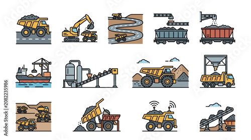 Modern Illustrated Icons of Mining and Bulk Material Transport Equipment in Vibrant Colors with high quality professional line art symbols for modern creative design and digital branding projects