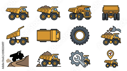 Sleek Collection of Vibrant Yellow and Gray Construction and Mining Equipment Icons Featuring Dump Trucks Excavators and Heavy Machinery