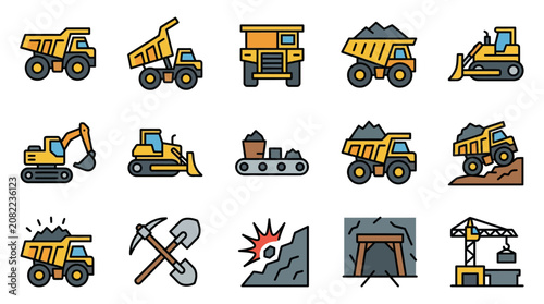 Elegant Collection of Colorful Construction and Mining Equipment Icons with Simple Line Art Design