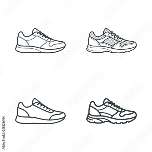Set of vector sneakers icons, outline drawing of athletic shoes, sport footwear collection