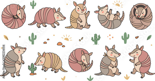 Cuadro en lienzo Cute cartoon armadillo character vector illustration set with various funny pose