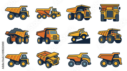 Industrial Set of Colorful Dump Trucks and Haulage Vehicles for Construction and Mining with high quality professional line art symbols for modern creative design and digital branding projects