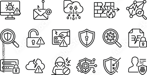 Tableau sur toile Cyber security data breach and computer malware threat line icon set featuring p