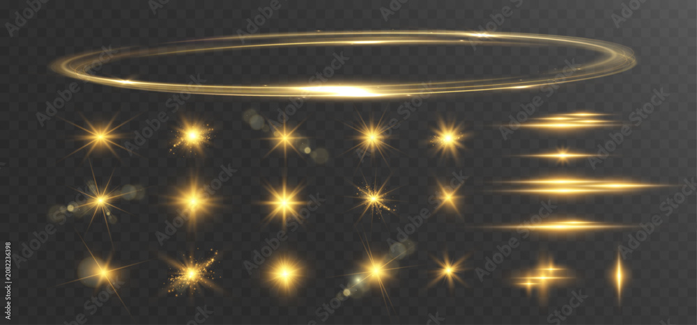 Fototapeta premium Golden Lens Flare Collection with Sparkling Stars, Glowing Light Bursts, Circular Halo Ring and Optical Overlay Set on Transparent Background 