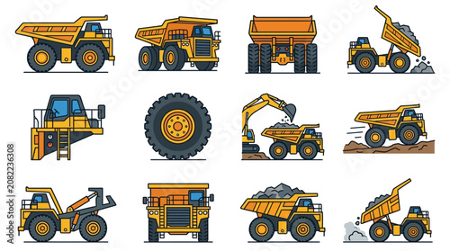 Corporate Set of Heavy Construction Mining Equipment with Yellow and Orange Color Scheme with high quality professional line art symbols for modern creative design and digital branding projects