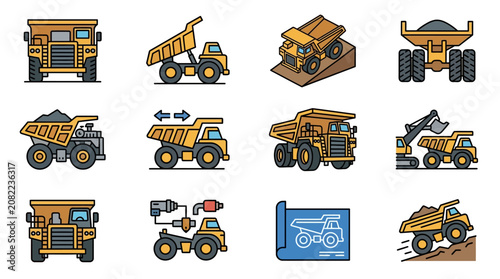 Creative Colorful Set of Heavy Construction Dump Trucks and Mining Vehicles in Flat Design Style