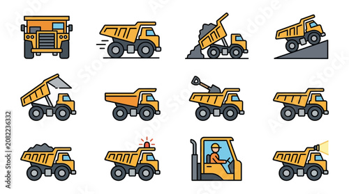 Clean Icons of Various Construction Dump Trucks in Action with Bright Colors with high quality professional line art symbols for modern creative design and digital branding projects