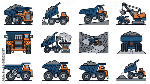 Sleek Collection of Modern Heavy Duty Mining Trucks and Excavators in Blue and Orange Illustrations