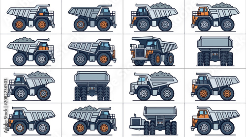 Professional Set of 16 Dump Trucks in Blue Gray and Orange Accents for Construction and Mining Industry