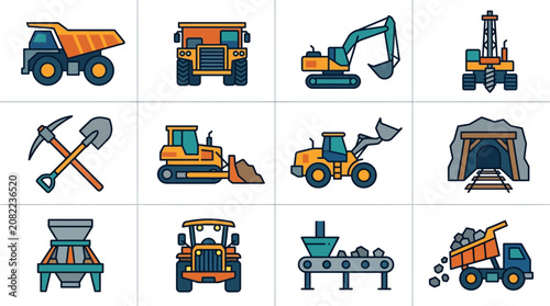 Dynamic Colorful of Diverse Construction and Mining Equipment Set with high quality professional line art symbols for modern creative design and digital branding projects