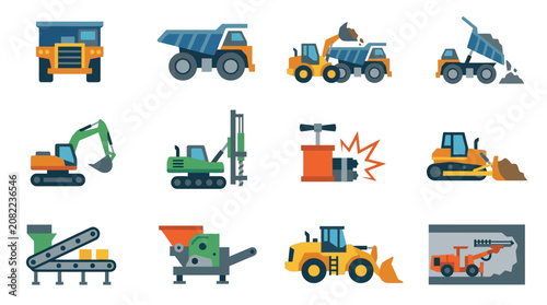 Creative Set of 12 Colorful Construction and Heavy Machinery Icons for Industrial Projects and Illustrations