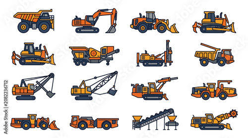 Clean Set of 16 Vibrant Orange and Gray Construction Machinery Icons for Industrial Design with high quality professional line art symbols for modern creative design and digital branding projects