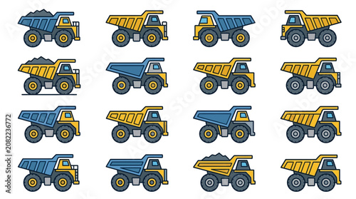 Minimalist Set of Colorful Dump Trucks with Yellow and Blue Color Schemes with high quality professional line art symbols for modern creative design and digital branding projects