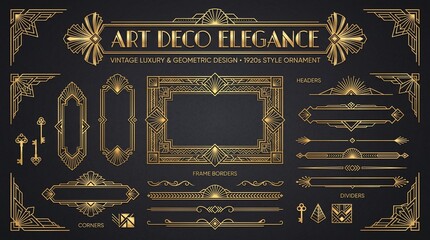 Art Deco frame. Geometric ornament border. Vintage 1920s luxury golden style dividers, corners, frames, headers. Retro elegance element for invitation, card, poster. Vector ...