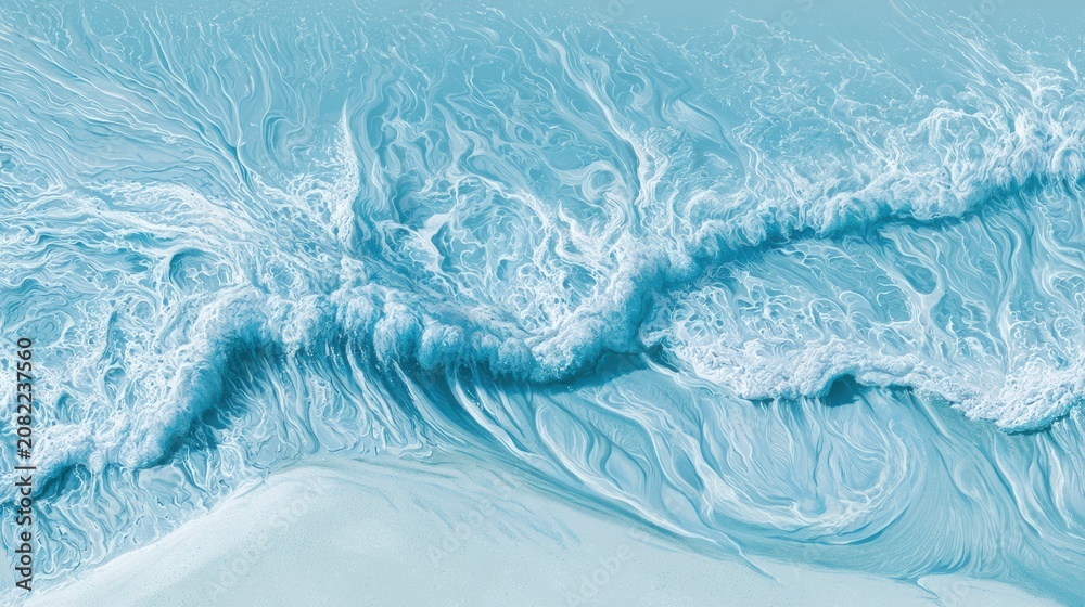 Fototapeta premium Tidal patterns show the rhythm of breath with waves coming in and receding on a beach. The scene is tranquil with no people present.