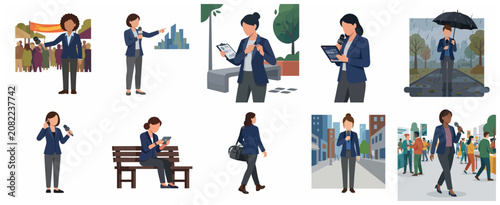 Foto Set of professional female news reporters and journalists broadcasting in variou