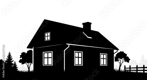 Quadro su tela Minimalist Black and White Silhouette Vector Illustration of a Cozy Countryside