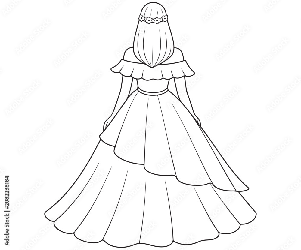 Fototapeta premium Back View Vector Line Art of a Bride or Princess in an Elegant Layered Ball Gown with a Flower Crown