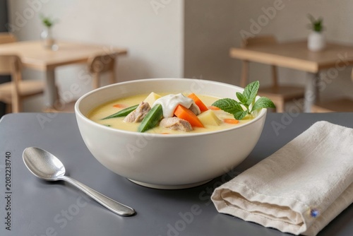 Bowl of Begova Corba, creamy chicken soup with okra, chunks of chicken, carrots, celery, topped with sour cream. Concept of hearty meal, chicken soup with okra vegetables cream.