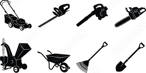 Canvas-taulu Gardening and landscaping power tools vector silhouettes set with lawn mower cha