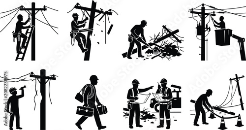 Emergency power line repair and lineman silhouettes set clearing fallen utility poles after storm damage