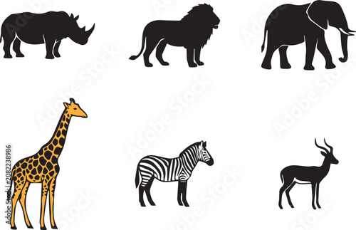 Photography African Wildlife Animal Icon Collection Featuring Rhino Lion Elephant Giraffe Ze