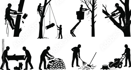 Tree removal and arborist service silhouettes set with chainsaw cutting rigging firewood stacking and stump grinding