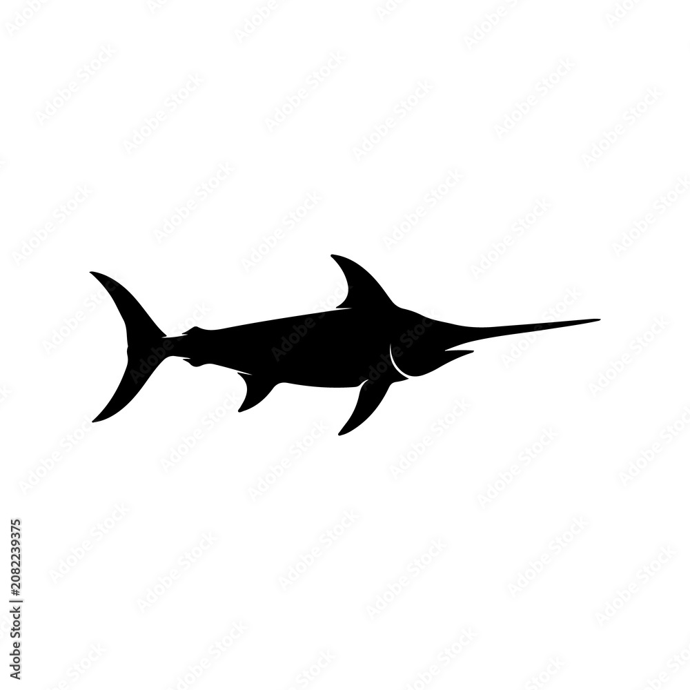 Obraz premium Black silhouette of a swordfish swimming, isolated on a white background, sharp of a large predatory marine fish species