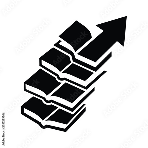 Fotografi Book pages arranged as a staircase arrow black silhouette on white background