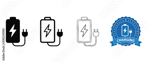 Battery charging icons set with different colors and styles for power and energy concepts  various battery and plug symbols
