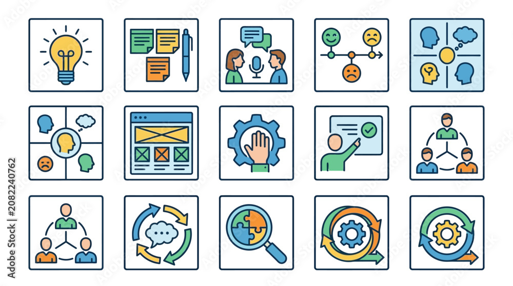 Fototapeta premium Industrial Style Showing 15 Key UX UI Research and Design Process Icons with Bright Colors Simple Line Art